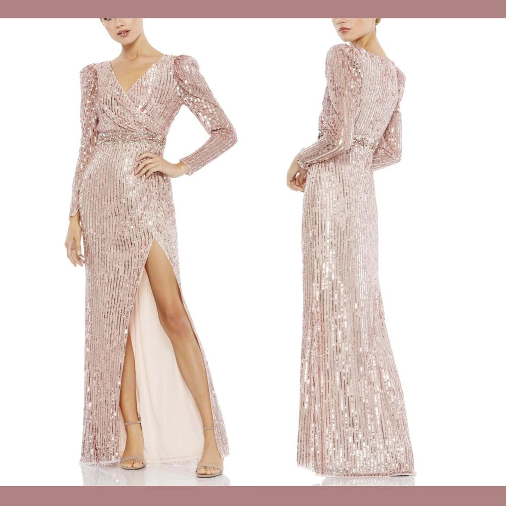 Nwt $598 Mac Duggal [ 4 ] Sequin Puff Sleeve Surplice Gown In Rose Pink #G1991